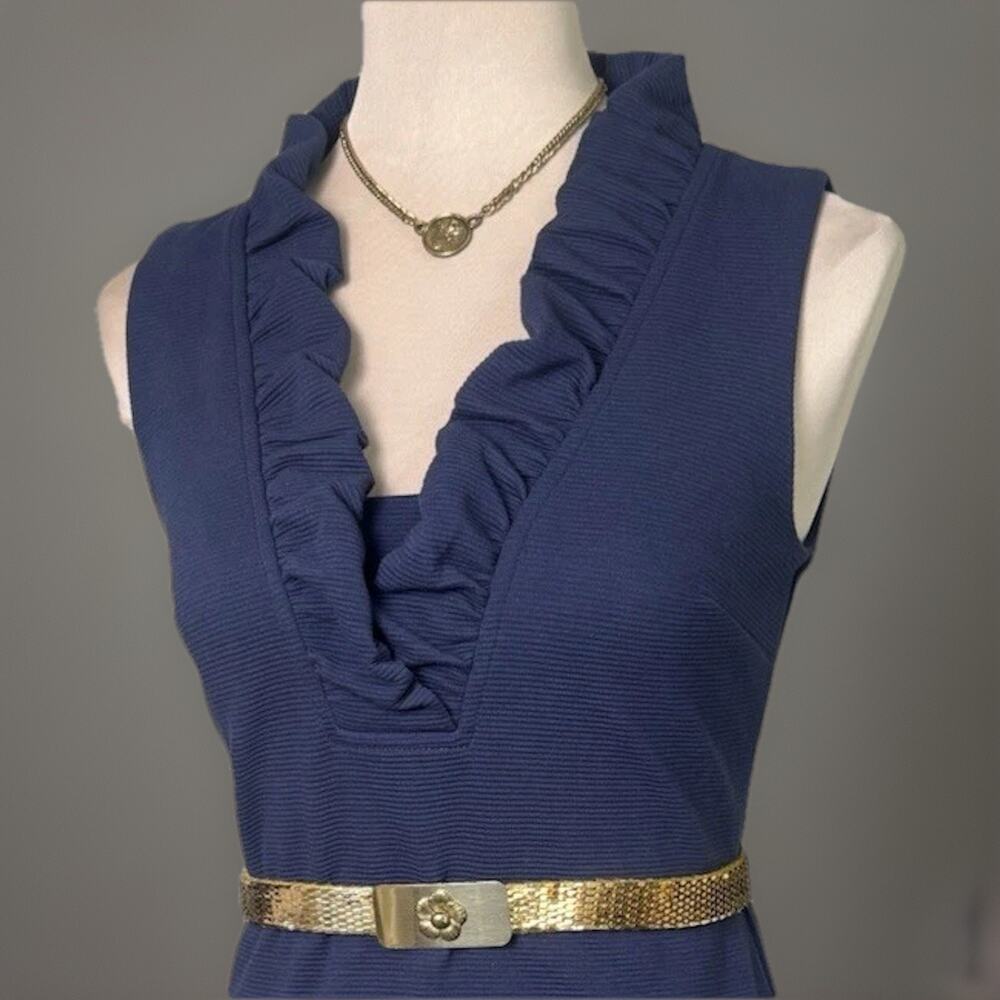 Lilly Pulitzer Tisby Navy Ruffle Neck Sheath Dress XS Sleeveless Stretch Career